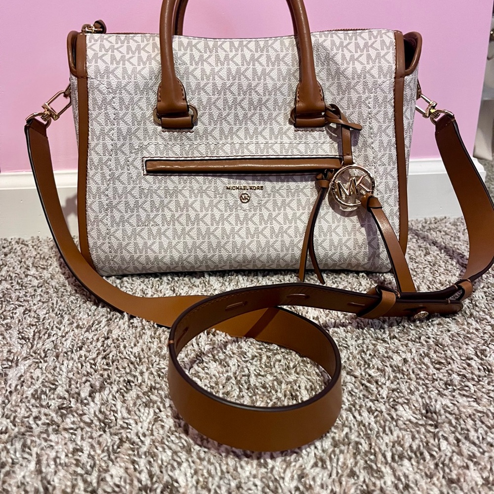 Michael Kors White and Tan MK Satchel